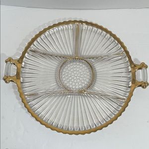 Jeanette Gold Trim Glass Serving Plate Relish Dish w/ Handles